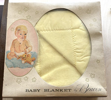 Vtg 1950s Beacon Baby Blanket Unused in Box Canary Yellow 36" x 50" Satin Rayon
