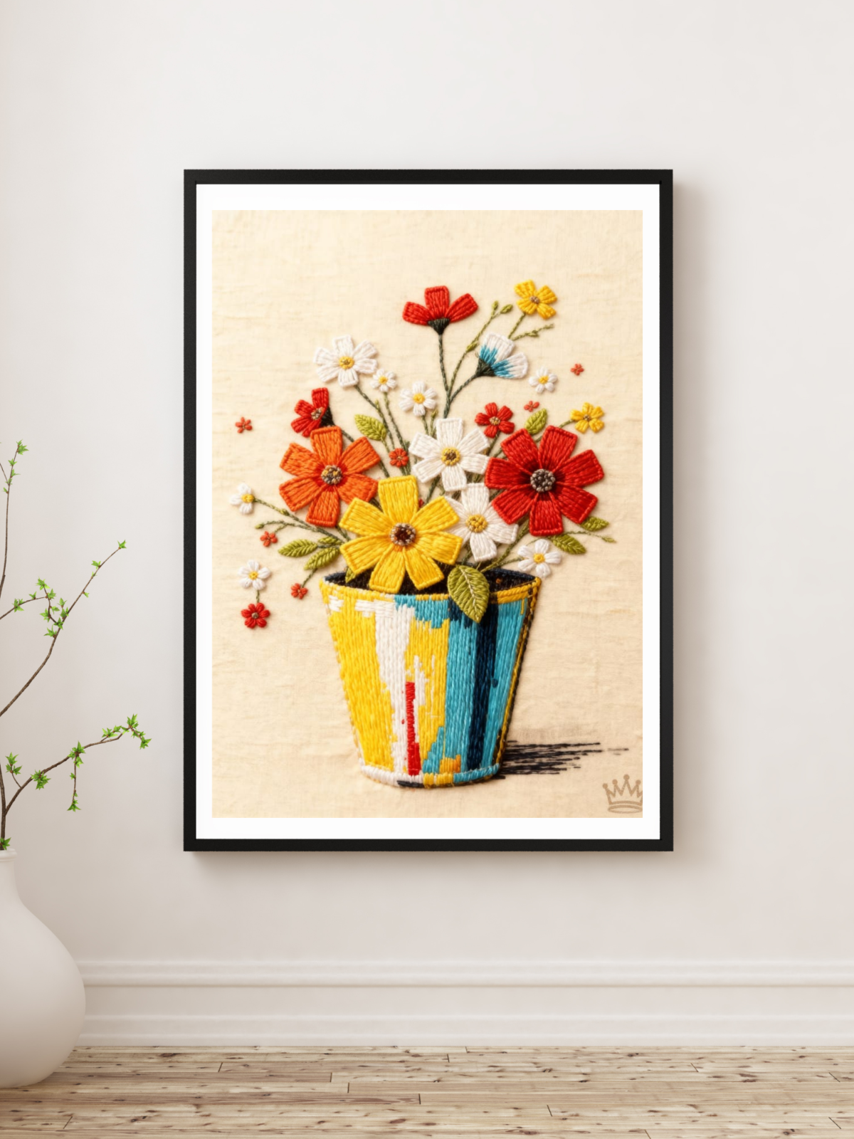Flower Pot of Gold Embroidered Wall Art Re-Print Stretched Canvas RTH 12x16