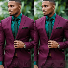 Silk Satin Men Suits for Wedding Tuxedos Burgundy 2 Pieces Slim Fit Blazer Pant