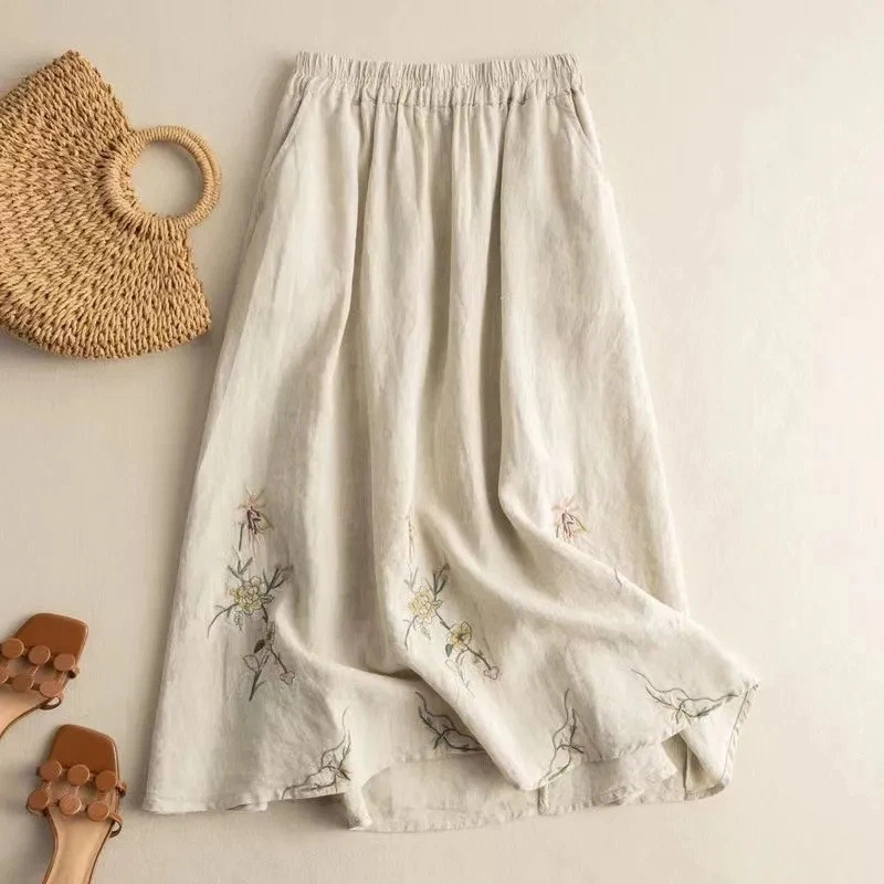Women's Cotton and Linen Half Body Skirt Women's Embroidered Mid Length Skirt