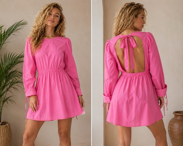 Aligne pink open back bow tie puff sleeve elastic waist A-line mini dress - 8