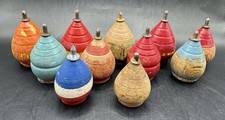 Group Of 9 Antique Wooden SPINNING TOPS Toy Metal Tip with Strings Vintage Toys