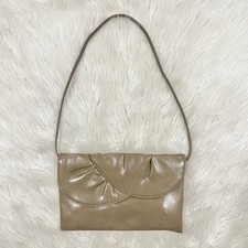 Vintage Taupe Clutch Purse Foldover Flap Shoulder Bag with Mirror Accent