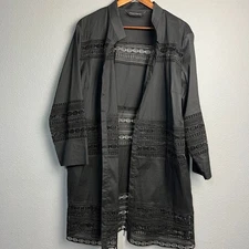 Ming Wang Black Crochet Trimmed Duster Jacket Textured Career Formal Lightweight