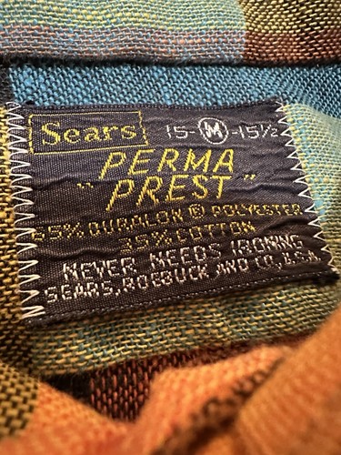 Vintage 60’s Sears Perma Press Long Sleeve Button Down Multicolor Square Medium - Picture 3 of 11