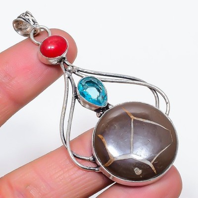 Natürlicher Schlammriss Fossil, Blautopas 925 Sterlingsilber Anhänger 2,88'' Geschenk c122