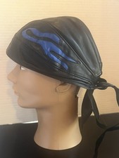 Vintage Biker Skull Cap Doo Rag Cap Black with Blue Flames Motorcycle Caps