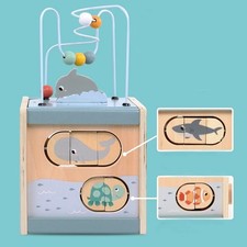 5-in-1 Wooden Activity Cube Montessori Toy Animal Shape Sorter Bead Maze