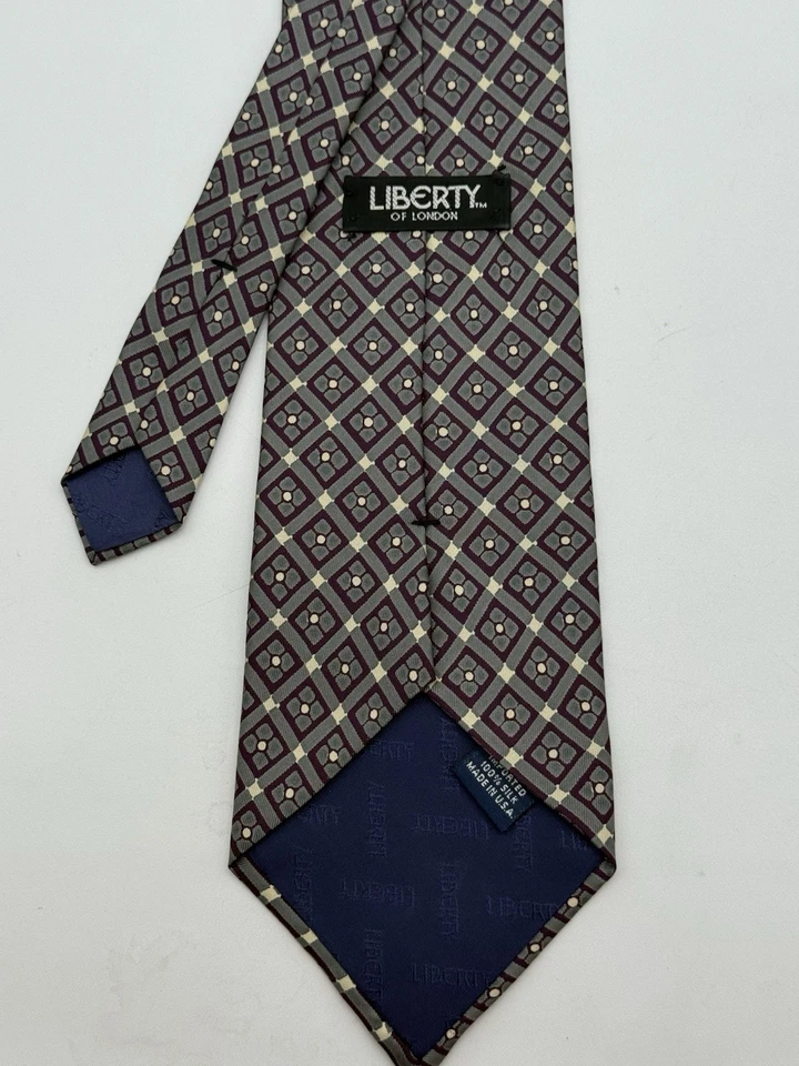 Liberty of London Silk Tie Slate Gray Green Burgundy Geometric Diamond Pattern - Image 3 of 4