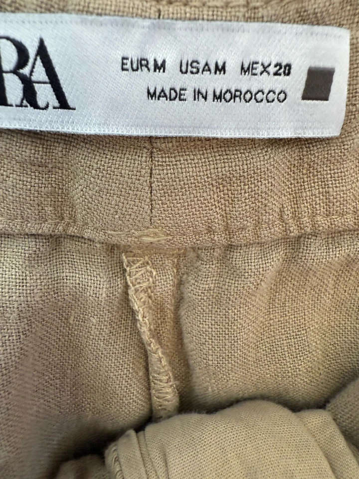 Pantalón Zara Pierna Ancha Lino Mujer’s Mediano Caqui Beige Plisado Bolsillos Botón Foto 4 de 4