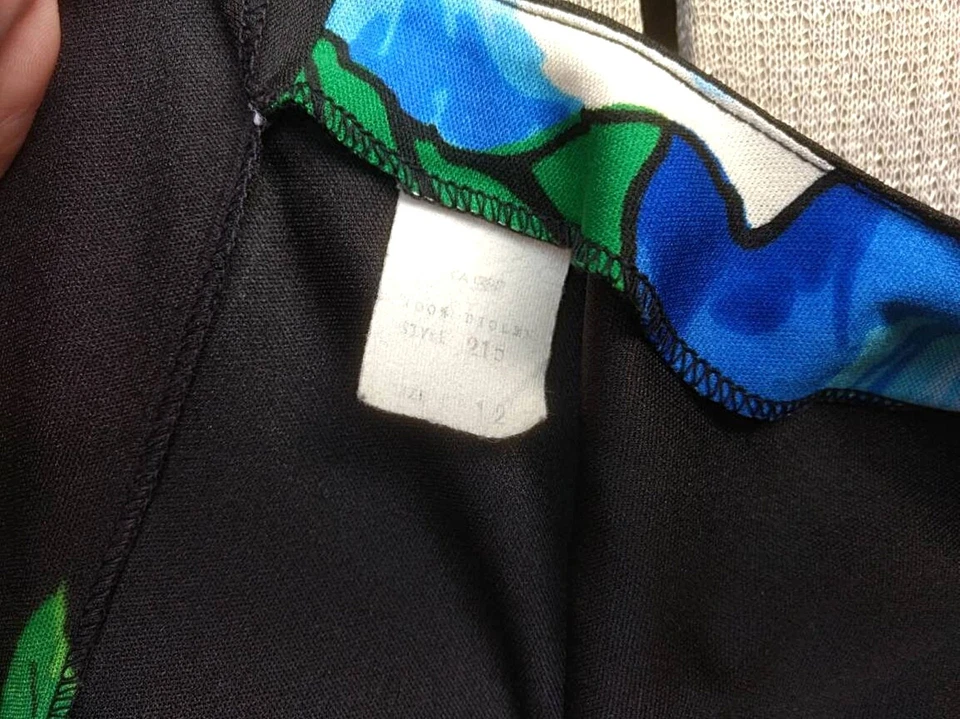 Maxi Vestido Hawaiano Vintage Negro con Grandes Flores de Hibisco Azul Sin Mangas 36B 27W Foto 3 de 4