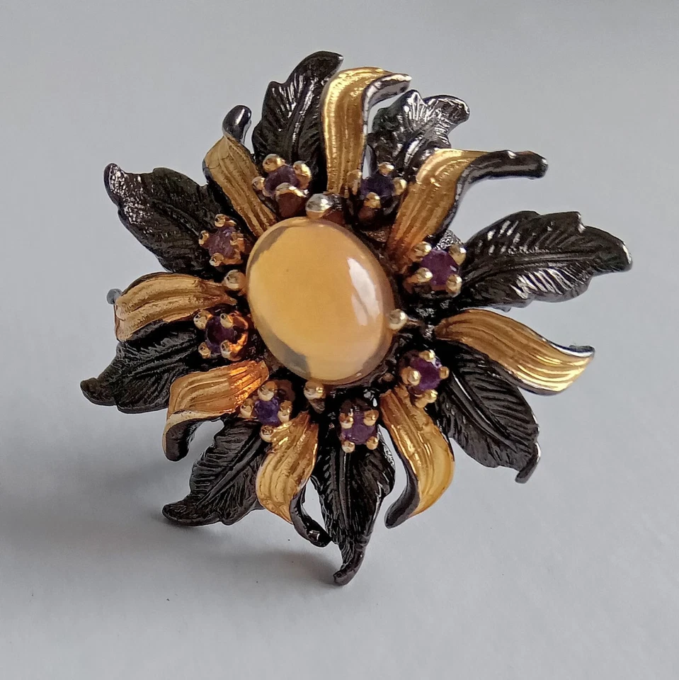 ANELLO ARGENTO ST. 925 BRUNITO E DORATO CON OPALE DI WELO E AMETISTE NATURALI - Immagine 4 di 4