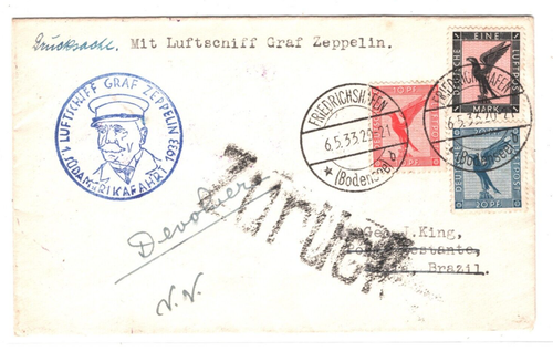 GERMANY/BRAZIL Retour 1933 ZEPPELIN Blue Cachet Cover Air Bahia {samwells}MA1654 - Picture 2 of 10