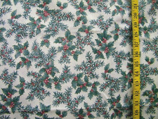 CHRISTMAS HOLLY BERRY FIR PRINT ON OFF WHITE 100 COTTON FABRIC 24X43 INCHES