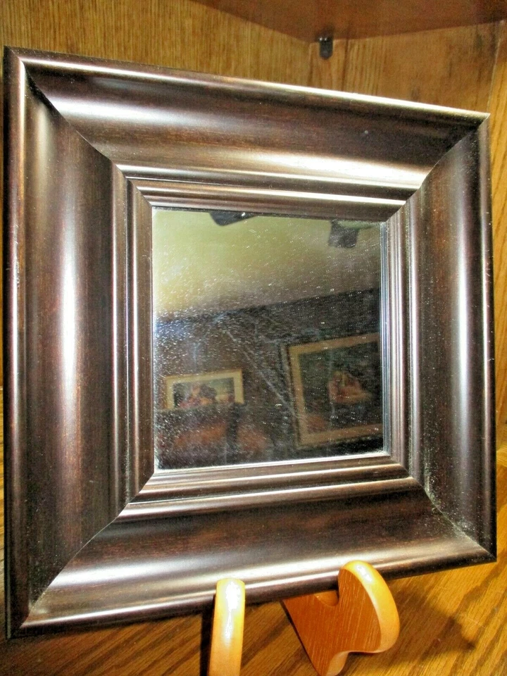Accent Wall Mirror Entry-Way Home Decor Walnut-Color Resin 9.75" Square       E7 - Image 2 of 4