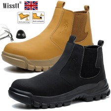 MENS LEATHER CHELSEA SAFETY BOOTS SLIP ON STEEL TOE CAP WORK SHOES