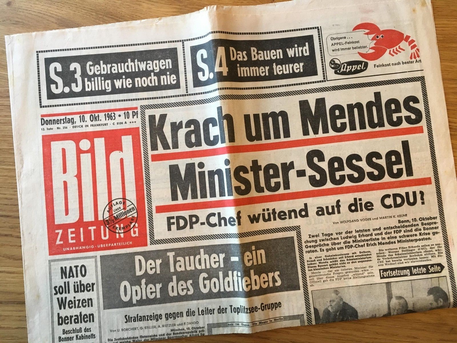 Bildzeitung 10. Oktober 1963 BILD Zeitung 10.10.1963 * 56. 57. 58 ...