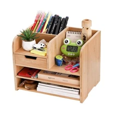 Frcctre Bamboo Desktop Organizer with Drawer, 3 Tier Wooden Desk File Documen...