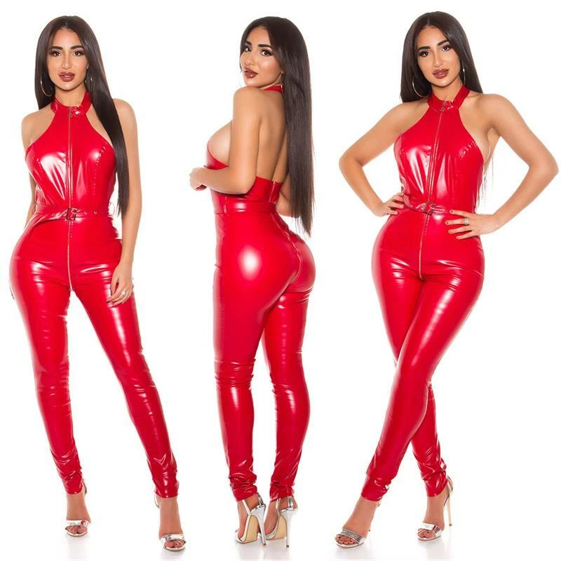 Sexy Damen Kunstleder Overall mit Zipper Clubwear Rot #OV544 - Bild 4 von 4