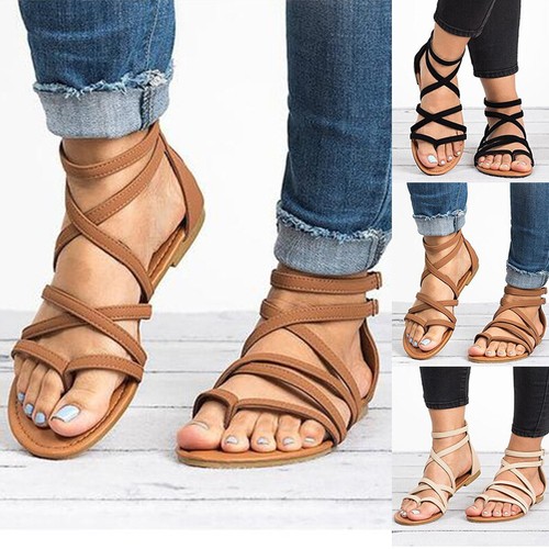 Ladies Womens Gladiator Sandals Flats Ankle Strappy Summer Flip Flops Shoes  Size | eBay