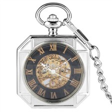 Black/Silver/Gold Square Shape Unisex Hand-winding Mechanical Pocket Watch Chain