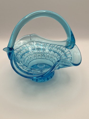 Vintage Fenton Squares With Dots Blue Basket Applied Glass Handle *FREE SHIPPING - Picture 2 of 13