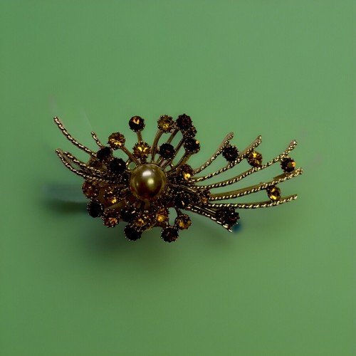 Broche Vintage Años 50 Imitación Topacio Tono Dorado - Ámbar/Coñac - Spray Floral - - Imagen 3 de 3