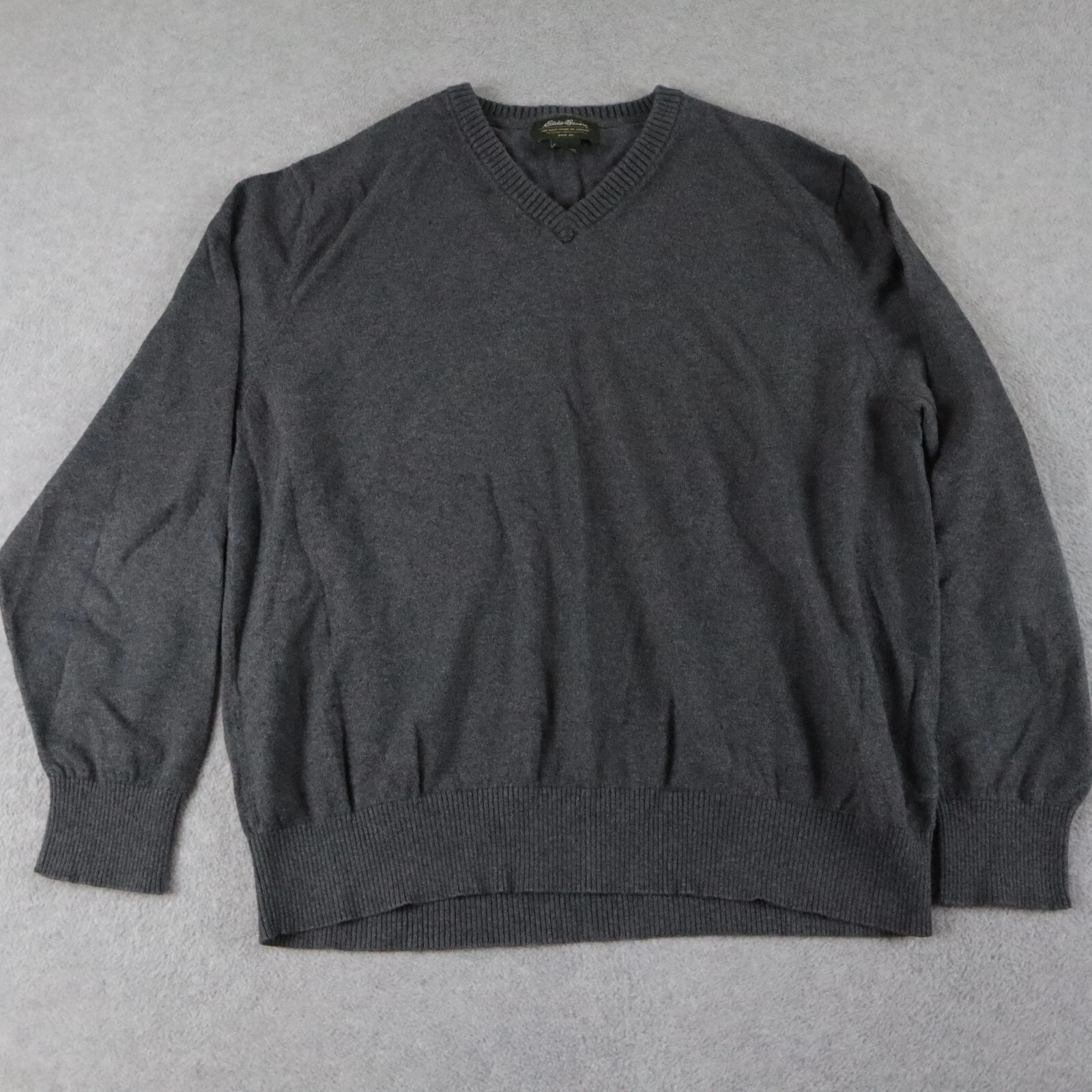 Eddie Bauer Sweater Mens XL Cotton/Cashmere Pullover V-Neck Gray Long Sleeve