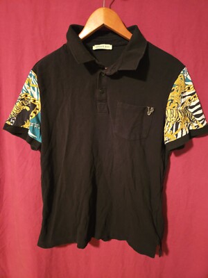 Versace Jeans Tiger Chains Print On Sleeve Black Polo Front Pocket Shirt USA 18