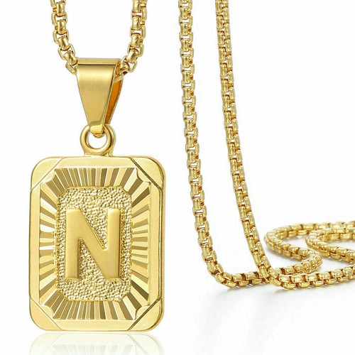 Yellow Gold Plated Stainless Steel Initial Letter A-Z Pendant Necklace Box Chain - Picture 33 of 38