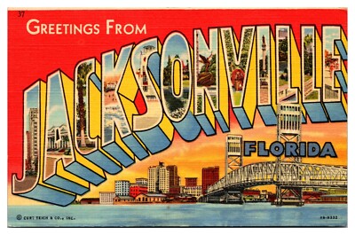 VTG LARGE Letter Greetings, Multiple City Scenes, Colorful, Jacksonville, FL 