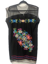 Embroidered Women’s Shift Dress XL Black Nylon Tulle Accents Tunic Beach Coverup