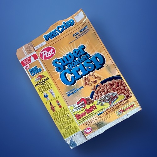 1987 Vintage Post Super Golden Crisp Cereal Box w/ Pound Puppies River Raft RARE