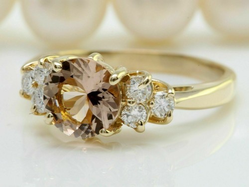 Anillo de oro amarillo macizo de 14 quilates de morganita natural y diamantes de 1,90 quilates - Imagen 2 de 9