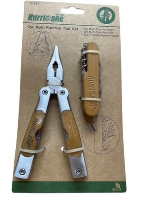 Hurricane Eco Bamboo Grip 2PC Multi Function Pliers & Knife Tool Set Scissors 