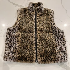 Cejon Womens Animal Print Faux Fur Vest Size S Zip Front Leopard Cropped Retro