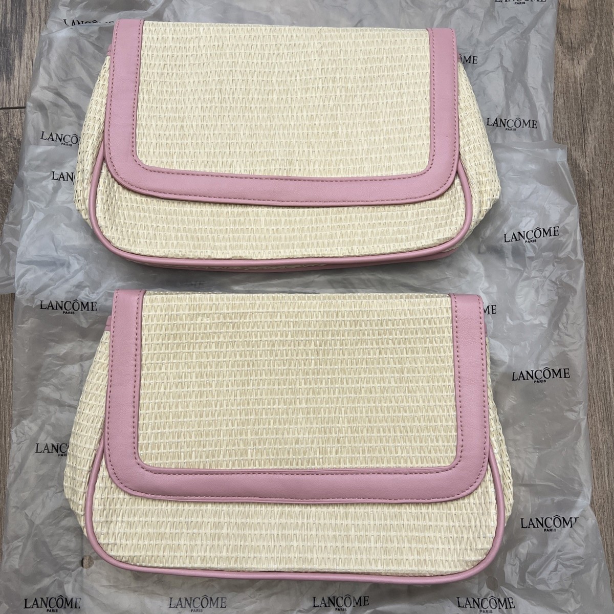 New 2pcs LANCOME Pink Trim Straw Woven Cosmetic Bag Makeup  display picture 2