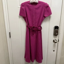 Vintage 1970s Leslie Fay Fuchsia Fit n Flare Midi Dress w/ Belt Sz 14 Union Made