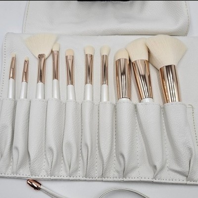 La Beaute Soi 10 Piece Makeup Brush Set  White Vegan Leather Travel Roll Case