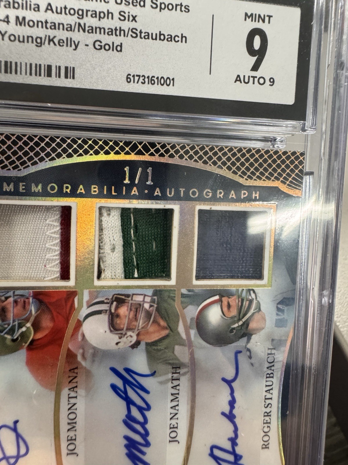 2024 Leaf In The Game Used 6 Auto Montana Namath Staubach Kelly Favre Young 1/1 view 5