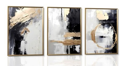 3pcs Black Gold Canvas Wall Art Abstract Geometric Textured Posters Prints Pi...