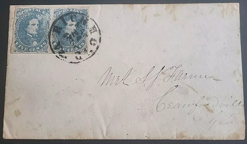[RAS] Csa#4 Cover Confederate 5c Blue Pair Mar 1862 Richmond VA CrawfordvilleGA