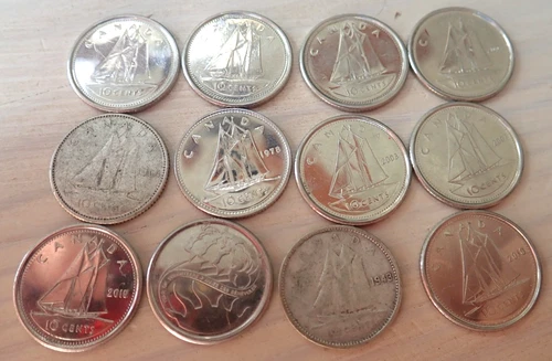 Lot of (12) Canada Dimes, Ten Cents - some SILVER, some Commemorative