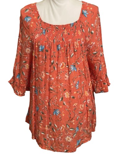 CROFT & BARROW Orange Floral Boho Peasant Top 3/4 Sleeve Women’s Size XXL - Picture 2 of 13