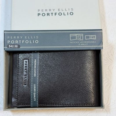 Perry Ellis Portfolio Bifold Brown Leather Wallet Passcase w Removeable ID Boxed