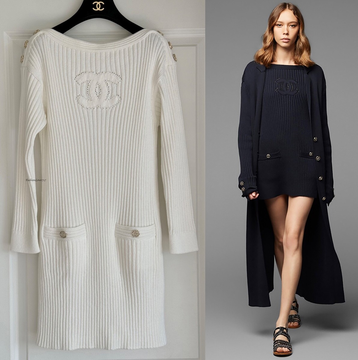 NWT 20P CHANEL WHITE RIBBED KNIT CC LOGO BUTTONS MINI DRESS NWT 20P CHANEL WHITE RIBBED KNIT CC LOGO BUTTONS MINI DRESS