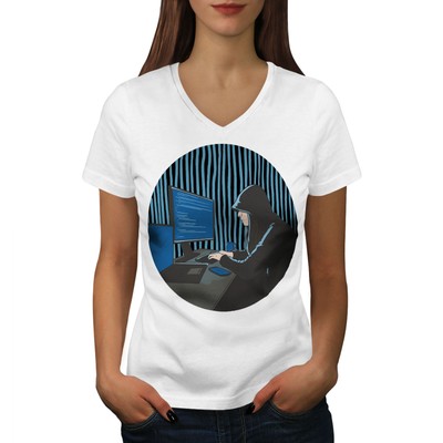 Wellcoda Hacker At Computer Cyber Tech And Coding Womens V-Neck T-shirt