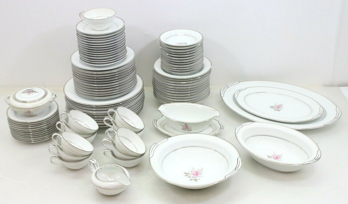 NORITAKE china ROANNE 5794 pattern 91-piece white with Rose