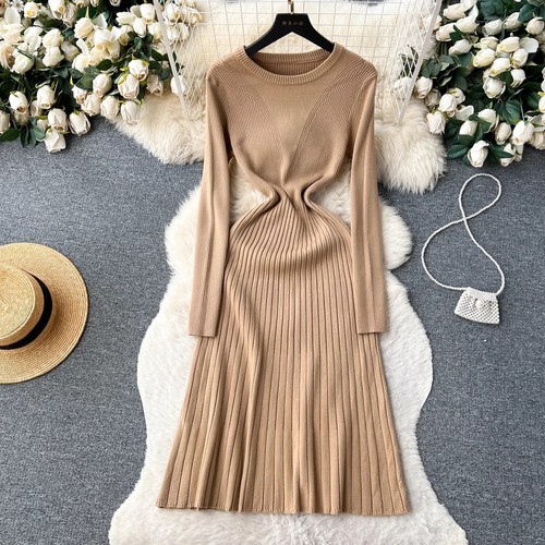 Mode Solide Herbst Winter Strick Langes Kleid Elegant Pullover Kleid Damen - Bild 3 von 29