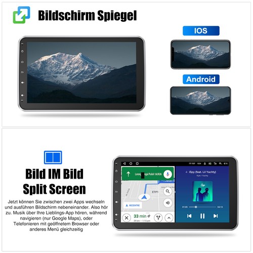 1 DIN 10" Android 14 Autoradio Carplay Bluetooth GPS 4+64G Drehbarer Bildschirm - Bild 8 von 15